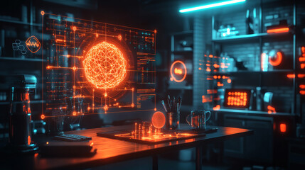 Obraz premium Cybernetic Laboratory: A futuristic, neon-lit laboratory, buzzing with scientific activity, showcases a glowing 3D rendering of a brain.