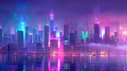 Fototapeta premium Twilight Vista over Dazzling Neon Cityscape: Urban Beauty meets Natural Splendor