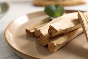 Palo santo sticks and eucalyptus leaves on white wooden table, closeup