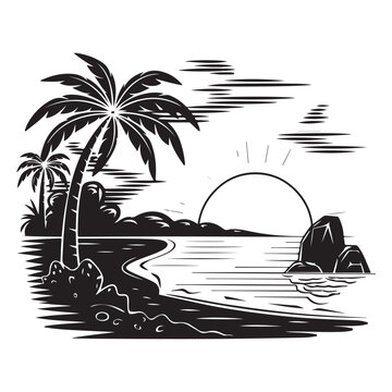 recommend clip art: Summer sunset tropical beach line art vector illustration, hand drawn sunset and sunrise outline landscape tropical beach, palm tree with sunset waves Nature view, Kids drawing Beach coloring pages