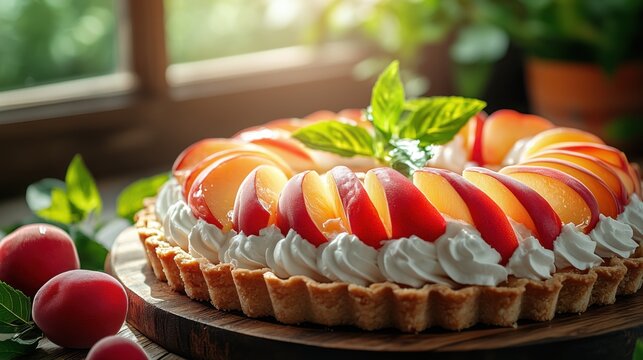 Fresh fruit tart decorated with peaches and mint for a delightful Valentine's Day dessert - Powered by Adobe