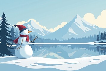 Fototapeta premium Snowman on Winter Lakeshore with Mountain Range