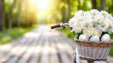 A basket full of white flowers and eggs on a bicycle