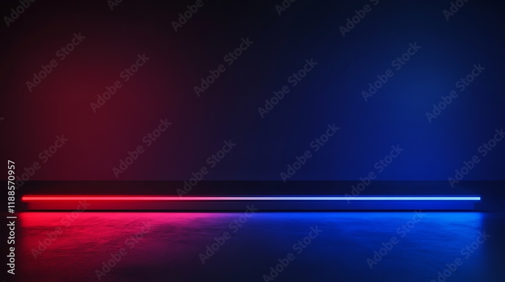 Poster neon light display on dark studio floor