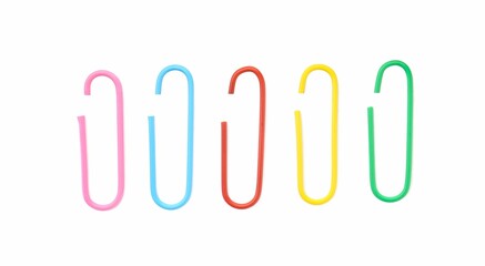 Colorful paper clips isolated on white, top view