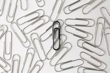 Many paper clips on light background, flat lay