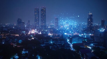 Night Cityscape with Futuristic Digital Overlay: A Stunning View of Bangkok's Skyline at Night