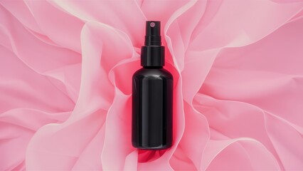Black cosmetic bottle, spray dispenser, pink fabric backdrop, minimalist product photography, beauty product, skincare, soft lighting, textured background, symmetrical composition, centered object, hi