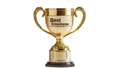 Shiny gold trophy for Best Employee, perfect for Employee Appreciation Day celebrations, isolated on white, PNG file, transparent background.
