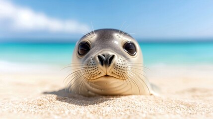 Obraz premium A seal laying on the sand on a beach looking at the camera