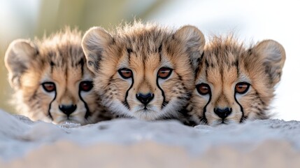 Obraz premium Three cheetah cubs peeking out from behind a rock