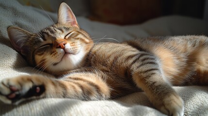 Naklejka premium A content tabby cat basking in the sun, enjoying a peaceful afternoon nap.