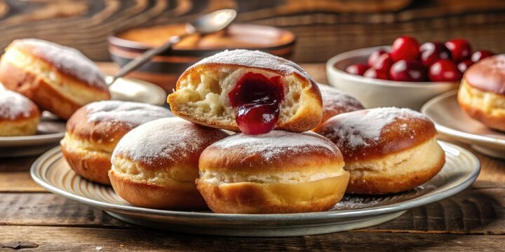 Retro photo: Close-up of vintage Polish paczki, jam-filled doughnuts, a sweet treat.