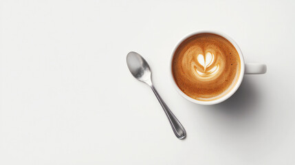 coffee latte art with spoon on white table in cafe nature light .with copy space.
