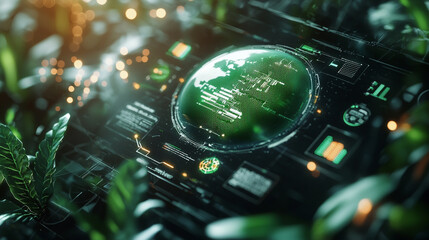 Ai-generated visual of a glowing green planet surrounded by sdg and net enhancedsr in nature's embrace