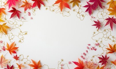 
A white background with golden Japanese patterns and colorful maple leaves at the bottom of the frame, creating an autumnal atmosphere.