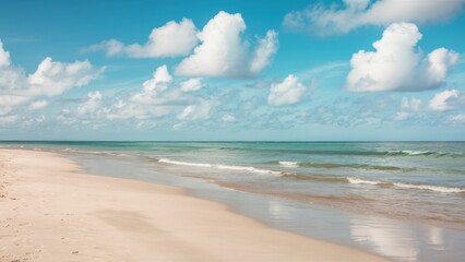 Fototapeta premium Serene tropical beach, turquoise ocean waves, soft sandy shore, fluffy white clouds, clear blue sky, peaceful coastline, gentle surf, tranquil seascape, sun-drenched landscape, idyllic vacation scene,