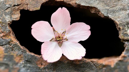 A pink flower is seen through a hole in a rock