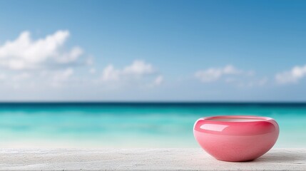 A pink bowl sitting on top of a beach next to the ocean