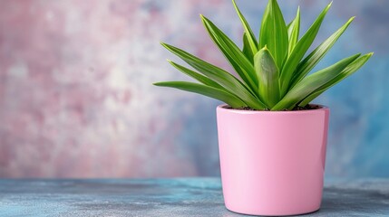 A pink pot with a green plant in it on a table