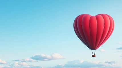 Fototapeta premium Happy Valentine's Day. A vibrant heart-shaped hot air balloon soaring in a blue sky among fluffy clouds.