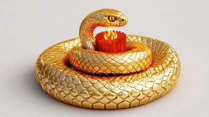 Fototapeta premium A golden snake coiled around a candle, symbolizing mysticism and illumination in a striking 3D design.