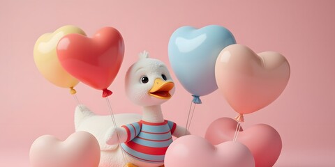 Adorable duckling joyfully holds heart-shaped balloons, creating a heartwarming Valentine's Day scene. Perfect for greeting cards or romantic celebrations!