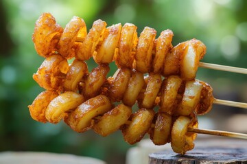 Twisted deep fried potatoes on a skewer Unhealthy street food