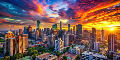 Vibrant colors blend in perfect harmony above a modern cityscape at sunset, title overlay, architectural backdrop