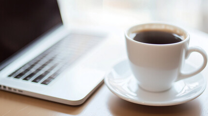 Minimalist Workspace with Laptop and Coffee in Warm Light