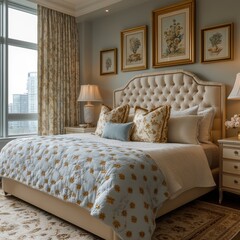 Elegant bedroom featuring a plush bed with floral bedding and stylish decor, creating a serene and inviting atmosphere.