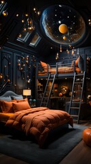 Naklejka premium A cozy, dark-themed bedroom with a futuristic design, featuring a lofted bed and space-themed decor.