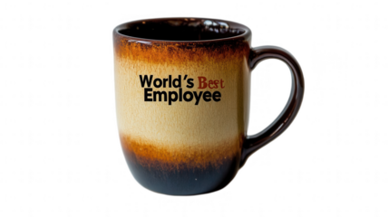 Coffee mug with 'World's Best Employee' text for Employee Appreciation Day, perfect for recognition and motivation, isolated on white, PNG file, transparent background.