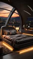 Modern bedroom with sleek design and stunning city view at sunset, featuring elegant lighting and cozy decor.