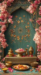 Obraz premium Festive background Elegant background for Nowruz with golden Haft-Seen table elements subtly blended into a decorative frame of blooming flowers and colorful Persian art motifs
