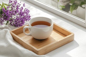 Obraz premium Wooden tray with tea and flowers indoors