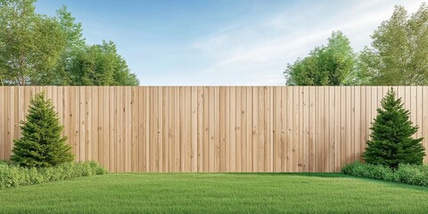 Fototapeta premium Wooden privacy fence encloses backyard. Rich green grass, small trees near fence. Sunny day with clear sky. Garden design in summer. Ideal for home decor magazines real estate websites. Beautiful