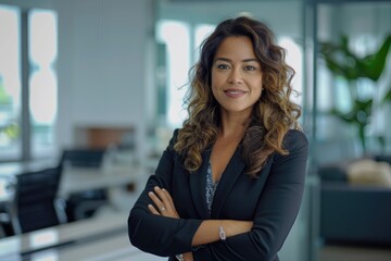 Happy smiling Latin American businesswoman standing in office with arms crossed looking at camera