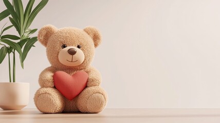 Happy Valentine's Day. A cute teddy bear holding a heart next to a plant on a minimalistic background.
