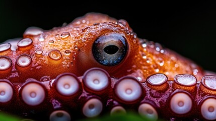  A close up of an octopus's eye with water droplets on it