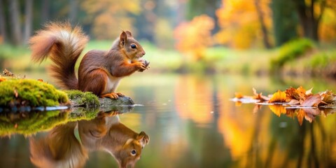 red squirrel eating a nut by a pond in autumn, forest scenery, outdoor landscape
