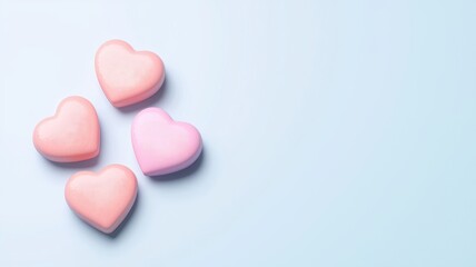 Fototapeta premium Happy Valentine's Day. Four pastel heart-shaped candies on a soft blue background.