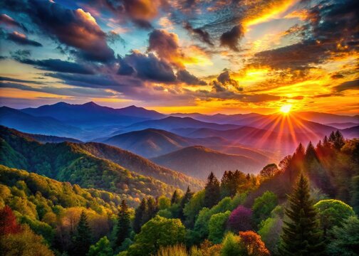 Smoky Mountain sunrise silhouettes: golden hour paints the landscape with breathtaking scenic views.