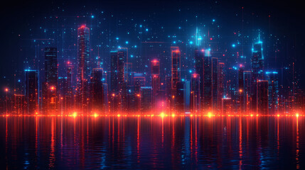 Fototapeta premium Neon Cityscape at Night: A futuristic cityscape shimmers with vibrant neon lights, reflected in a calm body of water, creating a breathtaking and surreal nightscape. 
