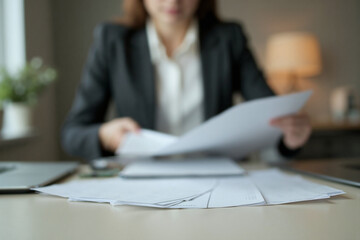 A woman manager working in a finance corporation at her desk reading some work documents in her office. Female CFO analyzing financial figures of her company. Concept on people, workplace environment.