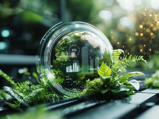 Ai generated visual of a green planet with esg symbols and charts in nature's embrace for sustainable future