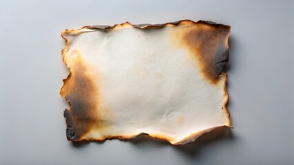 Burnt paper with flame damage in the background, isolated on a gray surface