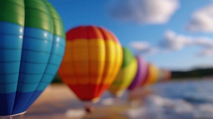 A group of colorful hot air balloons flying over a beach