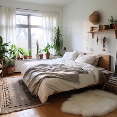 Bright and cozy bedroom filled with greenery and natural light, featuring a comfortable bed and warm decor.