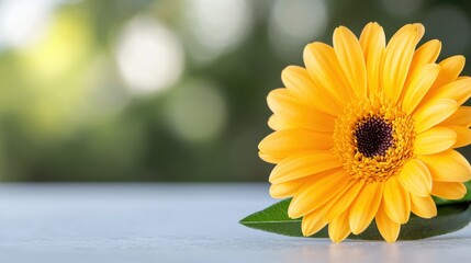 A single yellow flower sitting on top of a table